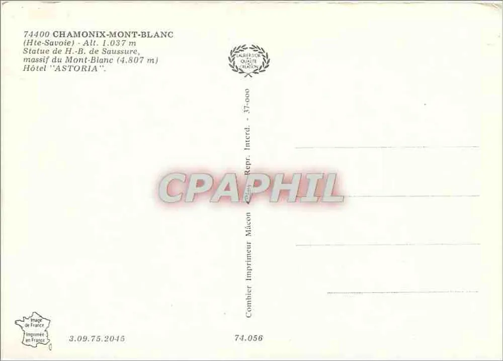 Chamonix-Mont-Blanc — Estátua de H.-B. de Saussure, Hotel Astoria — Combier Imprimeur Macéon - Verso