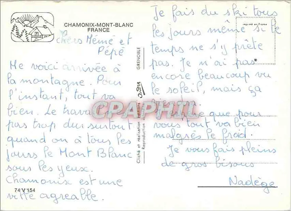 Chamonix — vista panorâmica e estátua — editor GRENABLE, n° 74V154 - Verso