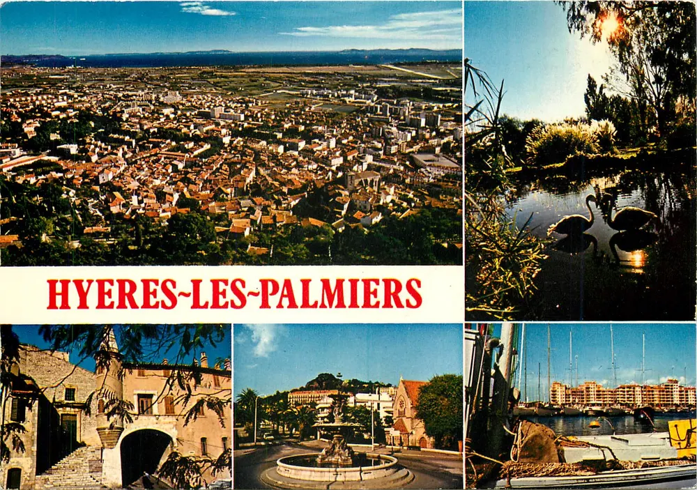 Hyères-les-Palmiers — vista aérea, lago dos cisnes, monumento, fonte, porto — Éditions de France, Imprimerie Interdite - Frente
