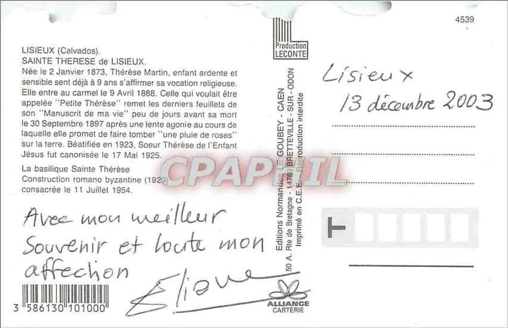 Santa Térèsa de Lisieux — Basílica — Lembrança de LISIEUX - Verso