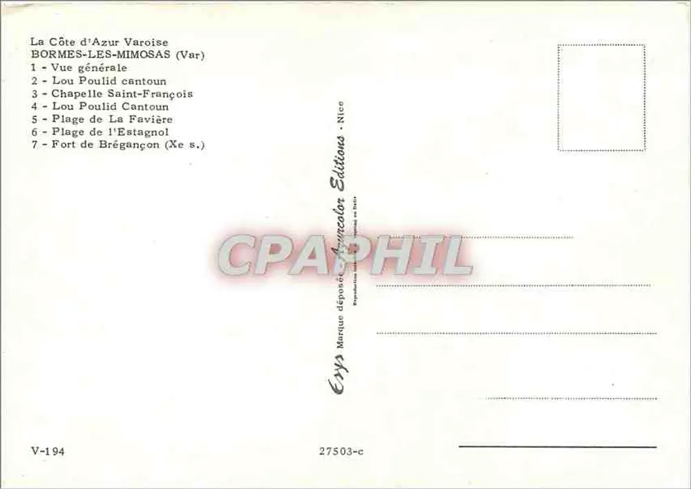 Bormes-les-Mimosas — Panoramablick und Details — Verlag Eyps, Nr. 27503-c - Rückseite