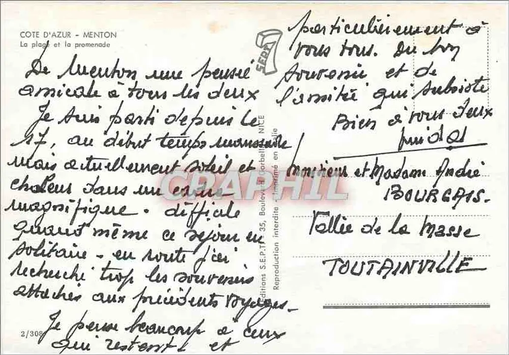 Menton — A praia e a promenade — Edições S.E.P.T. 35, Boulevard de l'Orbelle, Nice - Verso