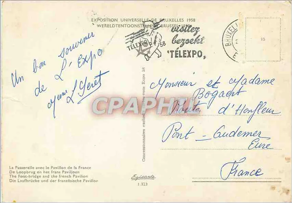 Weltausstellung und Internationale Ausstellung von Brüssel 1958 — Ansicht der Brücke der Gesetze und des Pavillons Frankreichs — Verlag Epicastre, Nr. 1323 - Rückseite