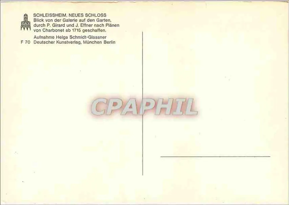 Schleissheim, Neues Schloss — Ansicht der Gärten von der Galerie — Deutscher Kunstverlag, Serie F 70 - Rückseite