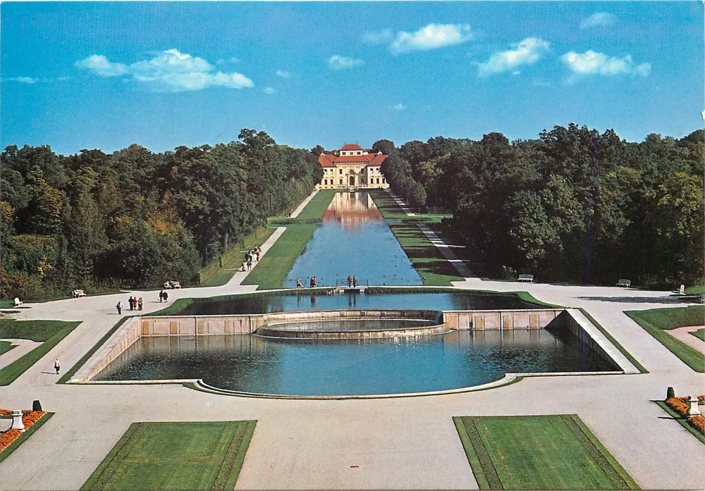 Schloß Schleißheim — Jardim, cascata e castelo de Lustheim — Verlag Herpich & Sohn, München, S-5 - Frente