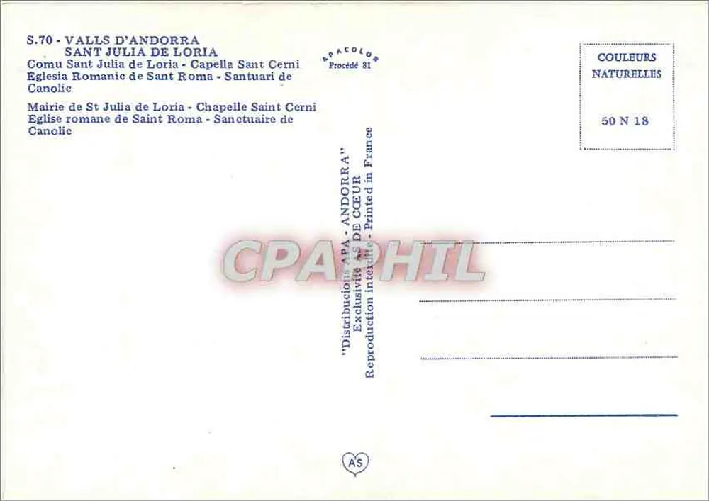 Sant Julia de Loria — Ansicht des Rathauses, romanischer Kirche und Kapelle — Verlag SPACOLOR, n° 50 N 18 - Rückseite