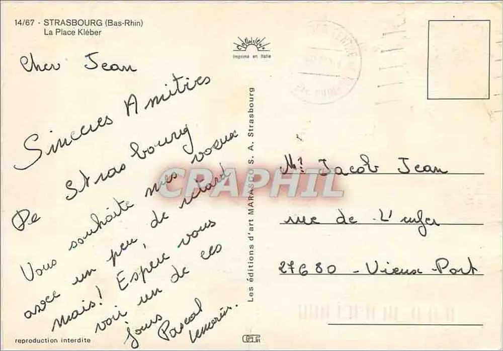 Strasbourg — vista aérea da Place Kléber com a catedral — edições de arte MARASCO S.A. n°14/67 - Verso