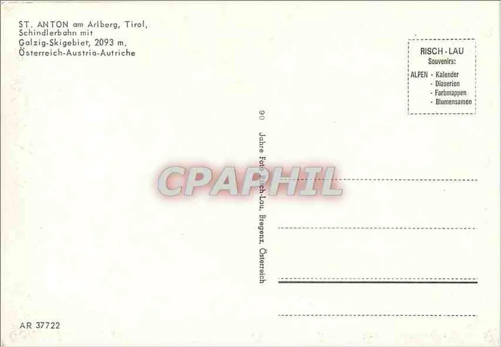 St. Anton Arlberg — esquiadores em teleférico — editor Risch-Lau, n° AR 37722 - Verso