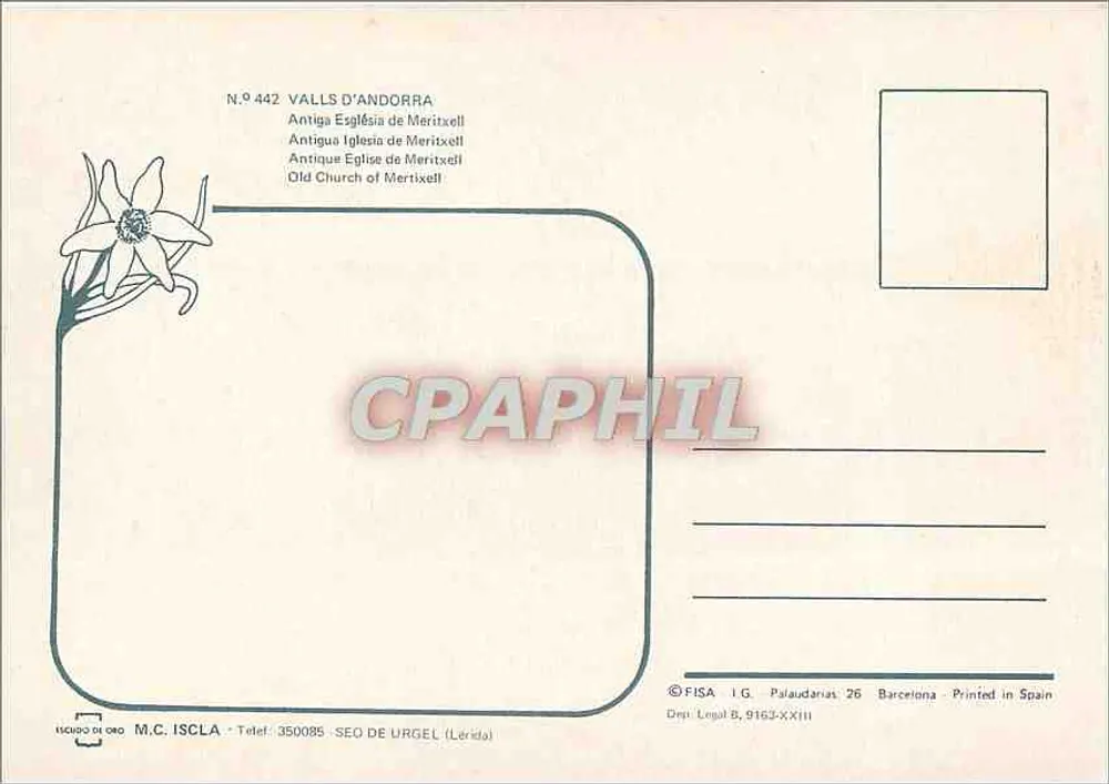 Santuarium Meritxell — Ruinen einer alten Kirche — Verlag M.C. Iscla, Nr. 9 442 - Rückseite
