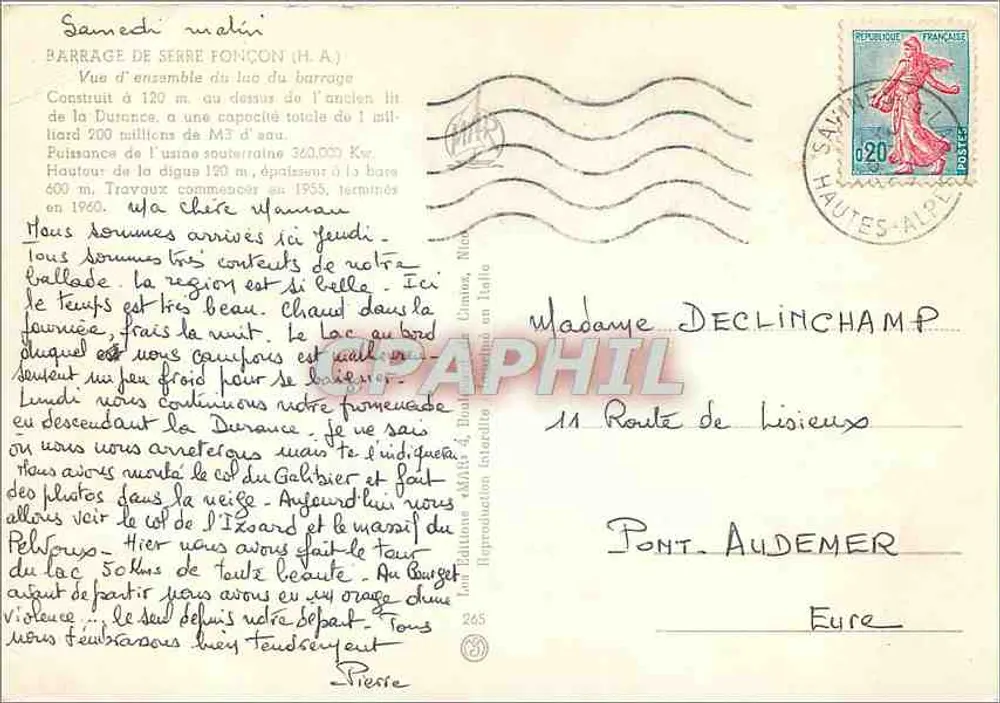 Lago del dique de Serre Ponçon — vista general — editor desconocido, n.º 265 - Reverso