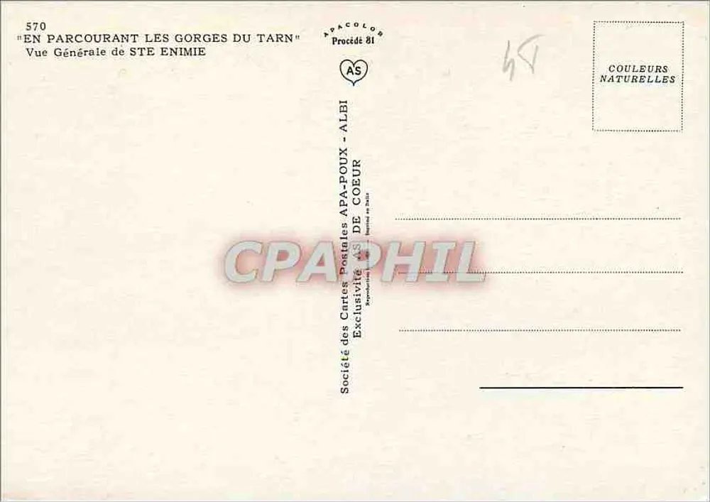 Gorges do Tarn - Ste Enimie — vista geral — Sociedade das Cartas Postais APA-POUX - ALBI, Processo 81 - Verso
