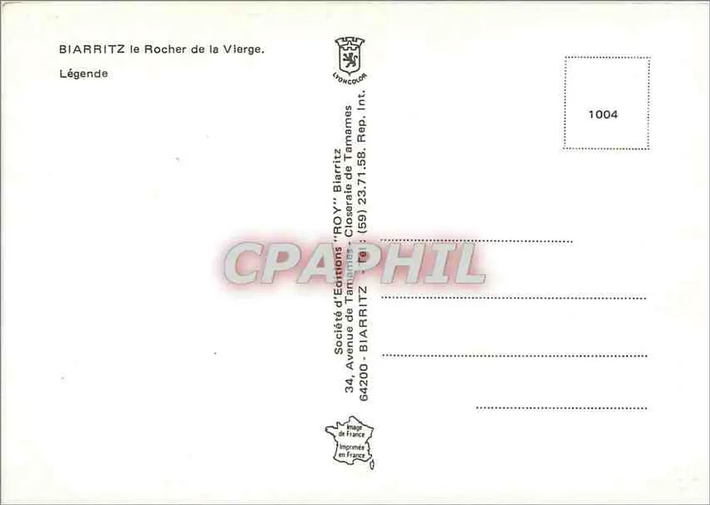 Biarritz - O Rocha da Virgem — Sociedade de Edições 'ROY' - n°1004 - Verso