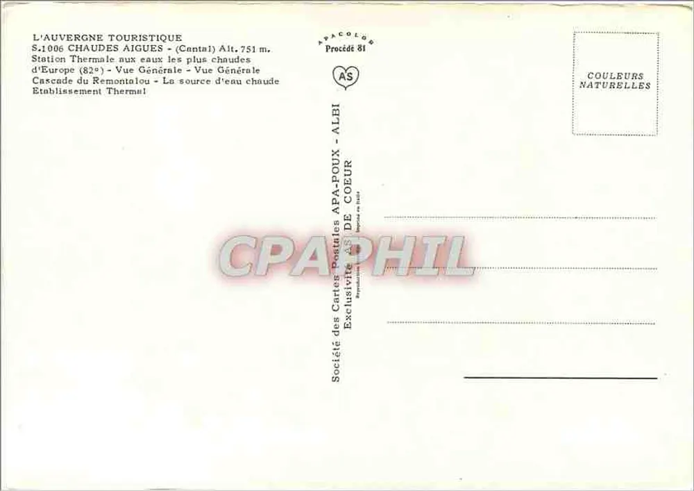 Chaudes-Aigues — allgemeiner Blick und Wasserfall — Gesellschaft der Postkartenverleger APA-DOUX - Rückseite