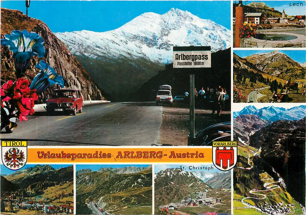 Arlbergpass 1800m — panorama alpino com estrada e flores — editor Risch-Lau - Frente