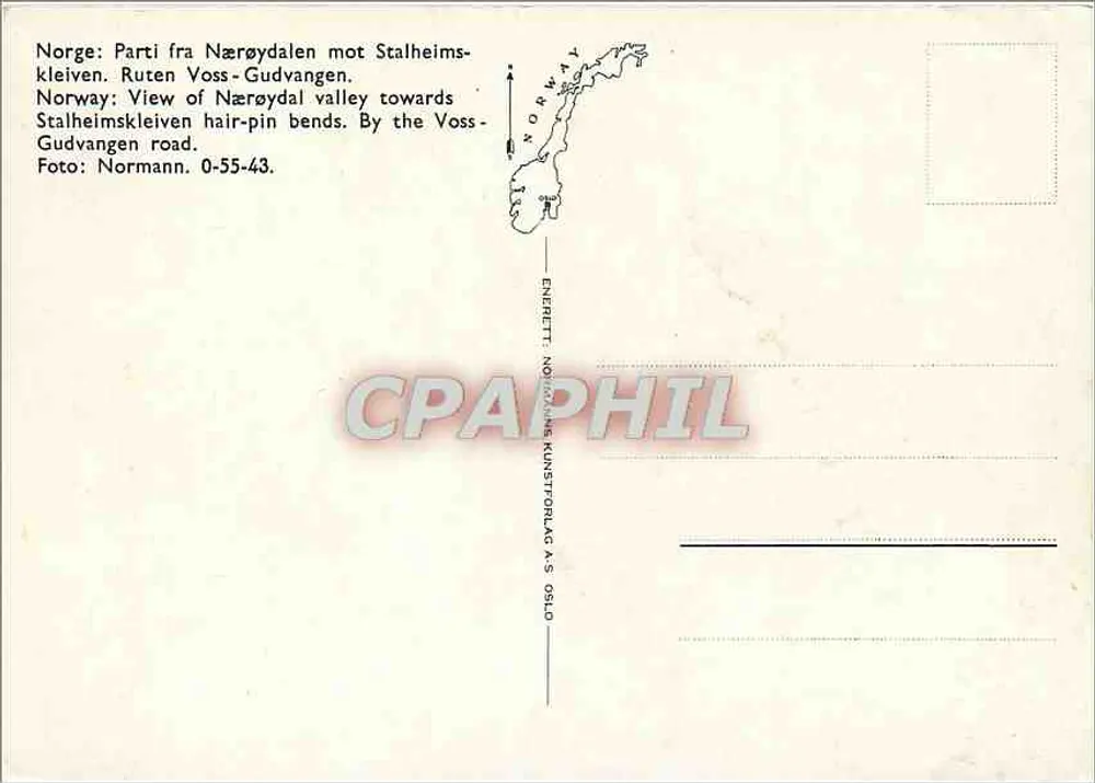 Norvège : Vue de la vallée de Nærøydal vers les virages de Stalheimskleiven — Éditeur : Norsk Kunstforlag A/S, Oslo - Verso