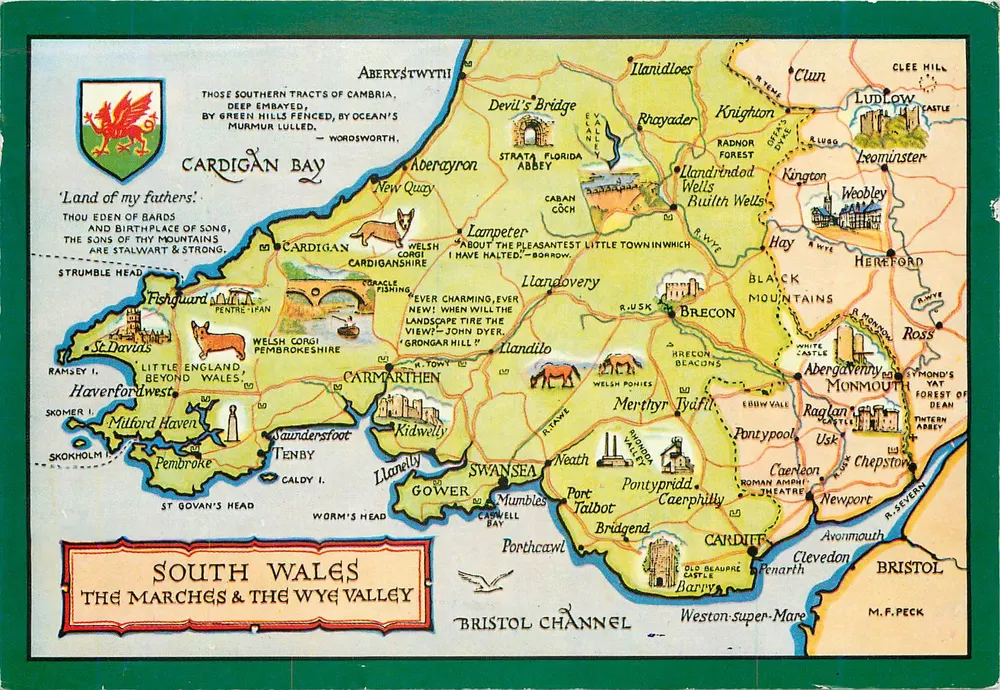 Carte postal ilustrada de South Wales — Les Marches & le Wye Valley — editada por J. Salmon Ltd. - Frente