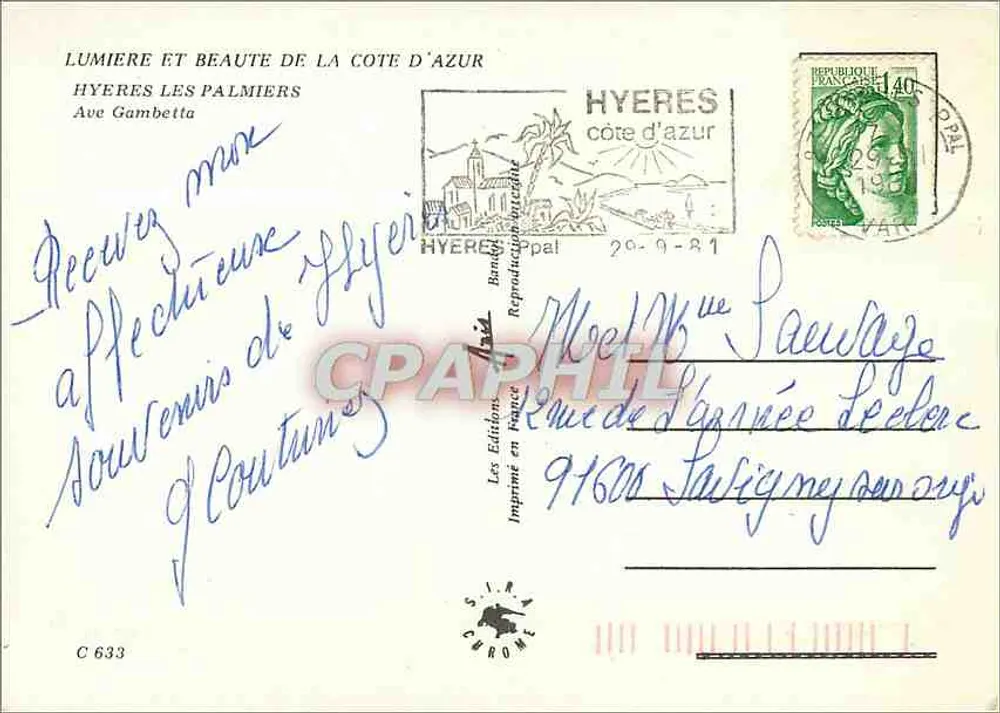 Hyères les Palmiers — vista panorâmica — Les Éditions Chromé, n° C 633 - Verso