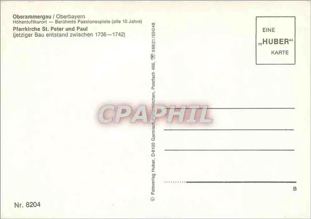 Pfarrkirche St. Peter und Paul — Oberammergau / Oberbayern — Editor Huber, n° 8204 - Verso