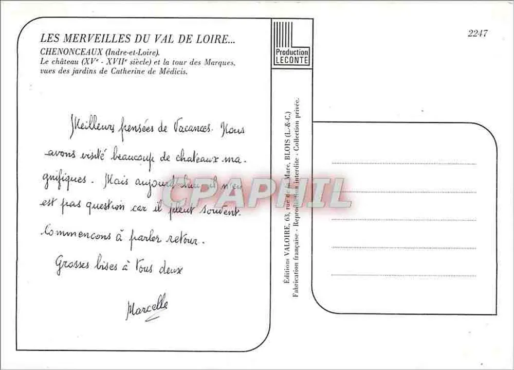 Schloss Chenonceau — Turm der Marques und Gärten — Editions Blois (L.&C.) n°2247 - Rückseite