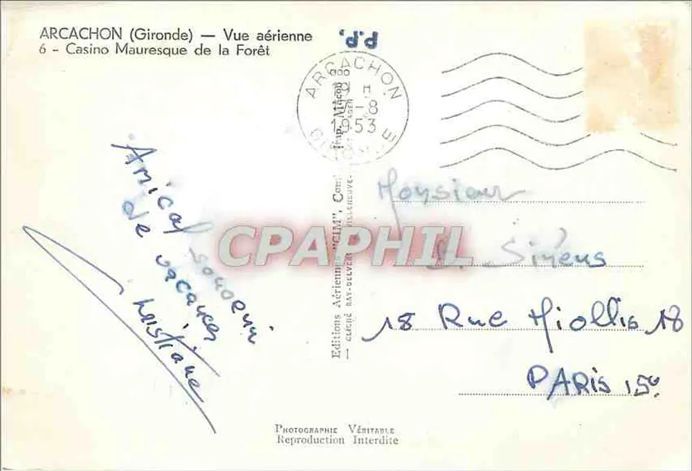 Arcachon (Gironde) — Luftbild — Mauresque-Casino der Forêt — Aériennes-Editionen 'Céline' — n°6 - Rückseite