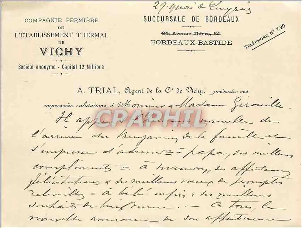Bordeaux — Zweigstelle des Thermalbad Vichy — Agent A. Trial - Vorderseite