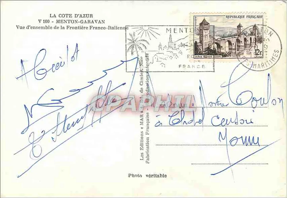 Menton-Garavan — Vue d'ensemble de la Frontière Franco-Italienne — Éditions de Climieux-Nice - Verso