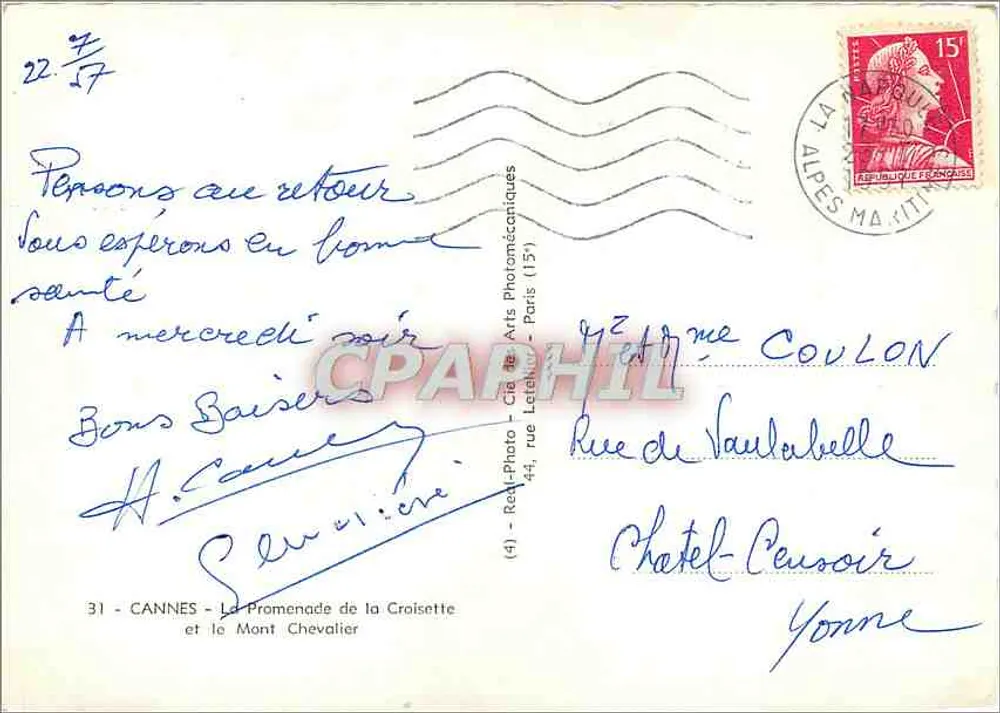 Cannes - Die Promenade de la Croisette und Mont Chevalier — Real-Photo, Paris (15) - Rückseite