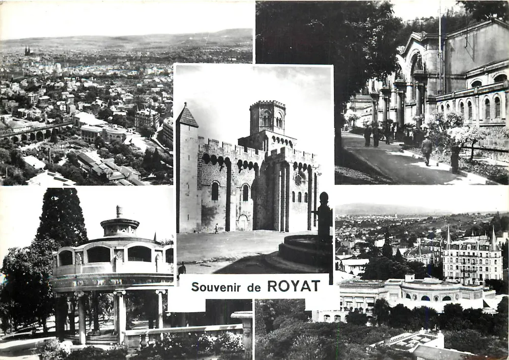Royat — Vue générale, église fortifiée, casino — Souvenir de ROYAT - Recto