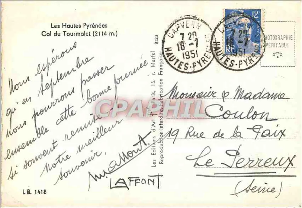 De Hoogere Pyreneeën — Pas van Tourmalet (2114 m.) — Les Éditions d'Art, Parijs - Achterkant