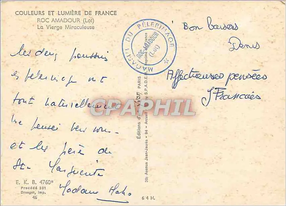 A Virgem Milagrosa — Roc Amadour (Loir-et-Cher) — Éditions Jean-Jaures - Verso