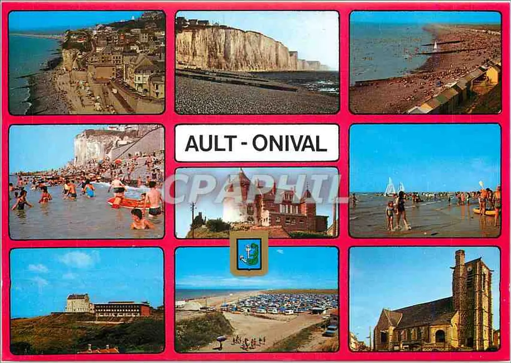 Ault - Onival — vista geral da praia, falésias, moinho de Pierre, camping, igreja — Edições MAGE - Frente