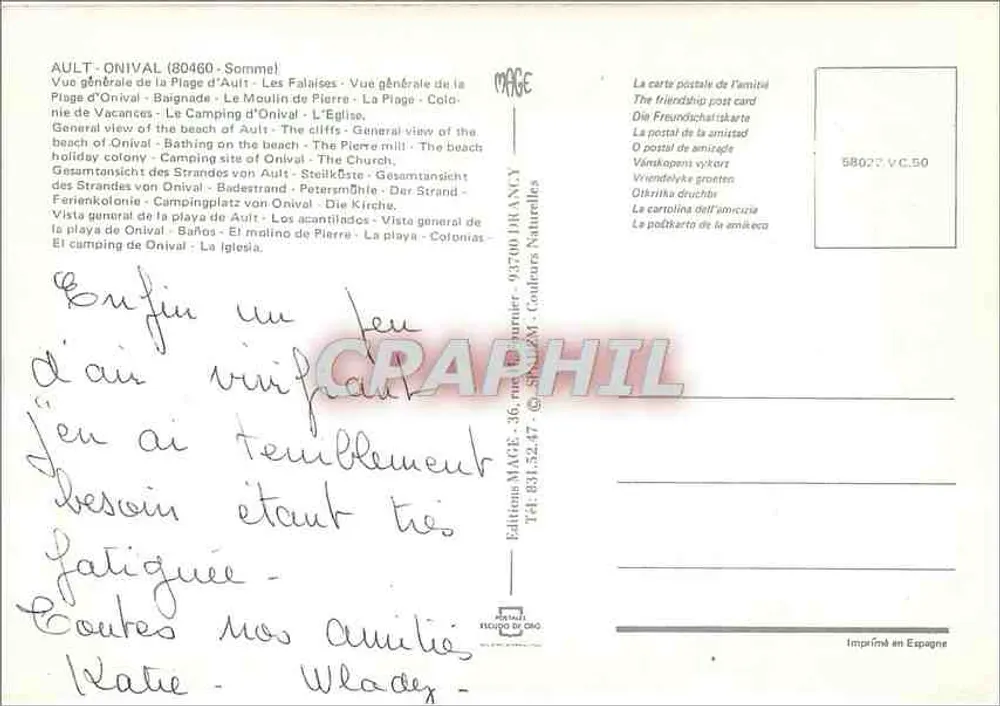 Ault - Onival — vista geral da praia, falésias, moinho de Pierre, camping, igreja — Edições MAGE - Verso