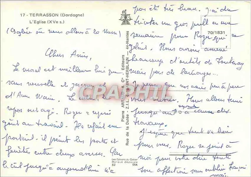 Terrasson (Dordogne) — A Igreja (século XV) — Editor Pierre Artur & Cie, Saint-Herblain - Verso