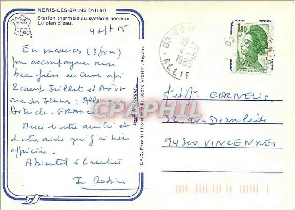 See von Néris-les-Bains — Thermalbad des Nervensystems — Verlag S.A.D. Place de l'Hotel de Ville, 03210 Vichy - Rückseite