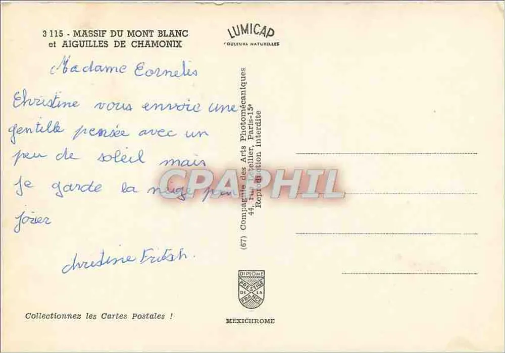 Massif do Monte Branco e Aiguilles de Chamonix — Lumicap, n° 3115 - Verso