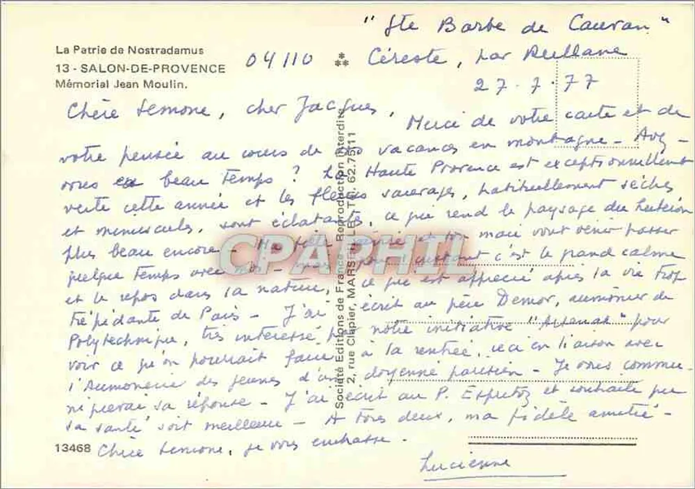 Escultura de Jean Moulin — Céreste — Éditions de France - Verso