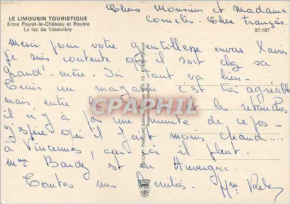 See Vassivière — Panoramablick mit Segelbooten — Verlag Le Limousin Touristique, Nr. 87.187 - Rückseite