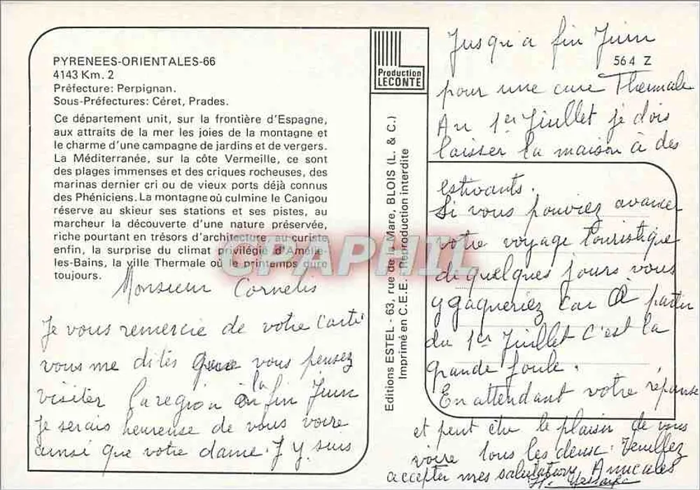 Pirineus-Orientais — Carta postal turística com mapa e fotos de locais — Edições Blois - Verso