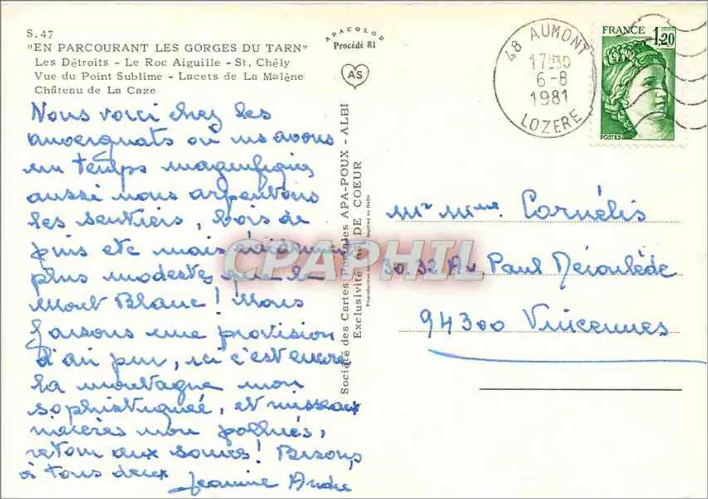 Gorges du Tarn — vue panoramique — Société des Cartes Postales d'APACOLOR, n° S.47 - Verso
