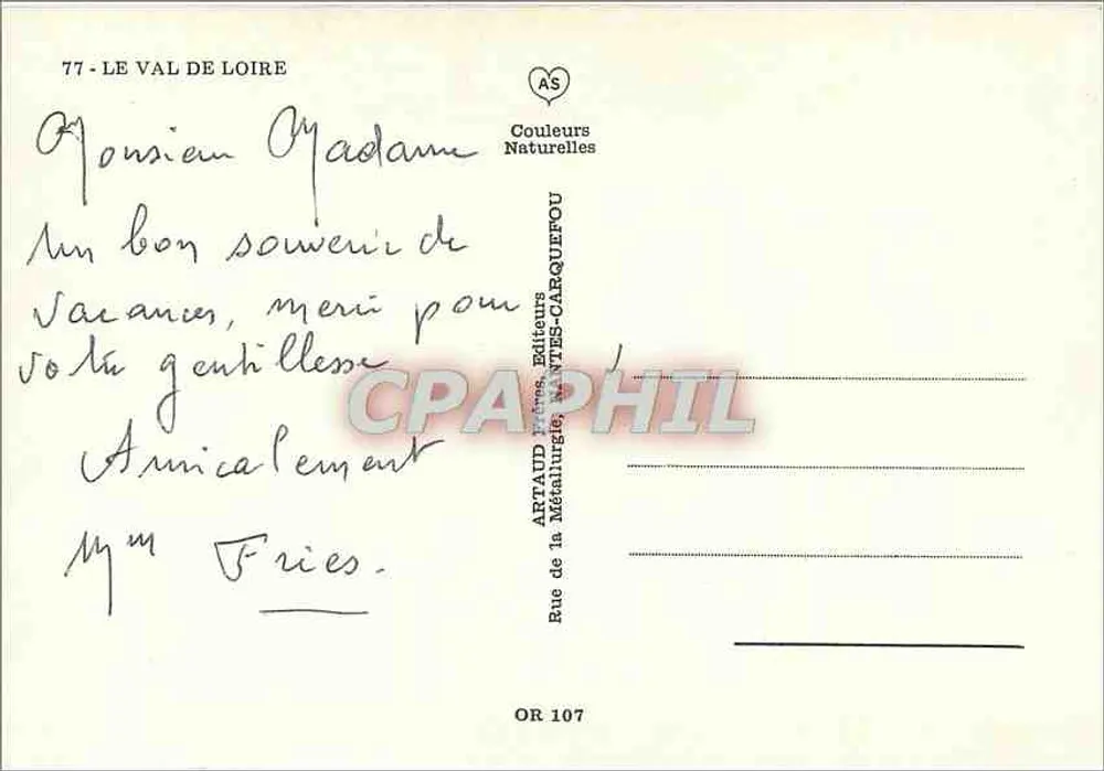 O Vale do Loire — Carta postal multivista — Artaud, editores da Metalurgia, VANTES-CARQUEFOU - Verso