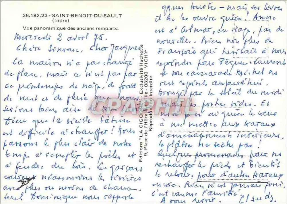 Saint-Benoît-du-Sault — Panoramablick auf die alten Mauern — Ausgabe 'La Cigogne', Vichy - Rückseite