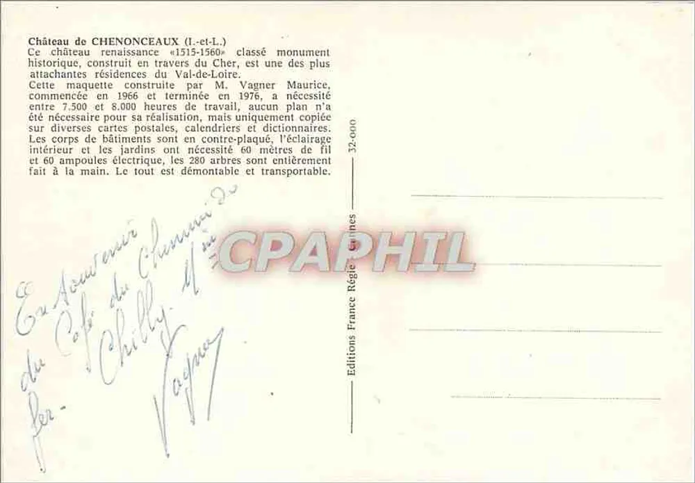 Schloss Chenonceau — Modell — Éditions France Régie, Nr. 32-000 - Rückseite