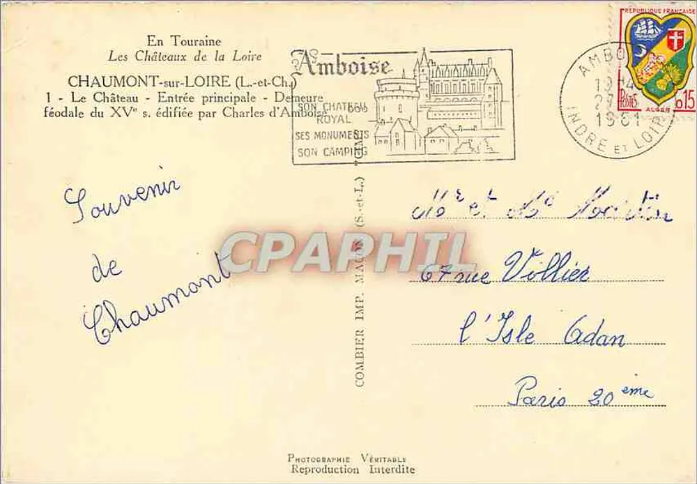 Chaumont-sur-Loire — Château féodal du XVᵉ siècle — Comédier Imp. Amboise - Verso