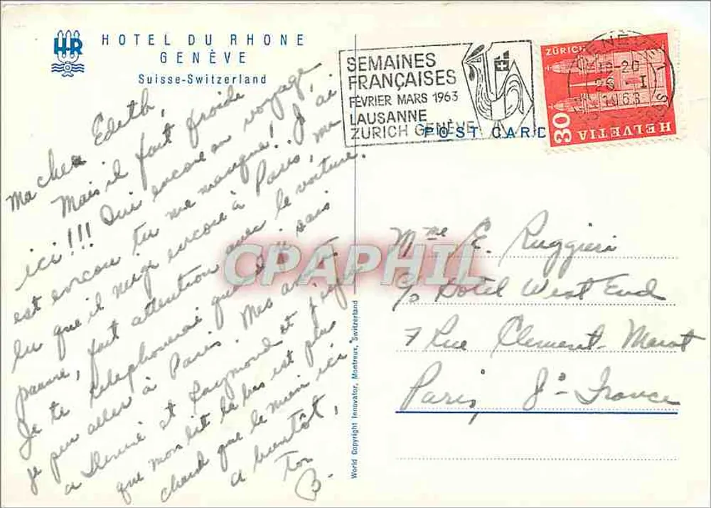 Carta postal turística da Suíça — Editor: Hotel du Rhône, Genebra — Número de série não visível - Verso