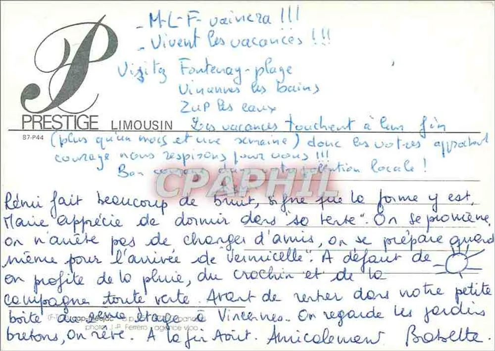 Três galinhas em um portão — foto J.-P. Ferrero — editor Prestige Limousin, n° 87-P44 - Verso