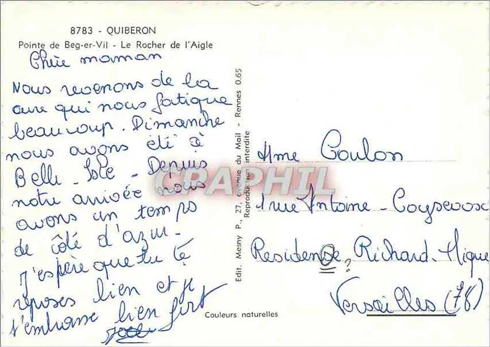 Ponta de Beg-er-Vil - O Rochedo do Falcão — Quiberon — Editor Mesny, P. 27, avenue du Mail, Rennes - Verso