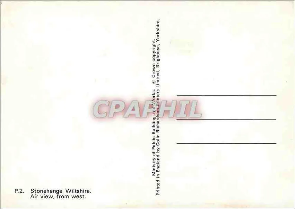 Stonehenge Wiltshire — aerial view from the west — publisher: Colln Richardson Printers Limited - Back