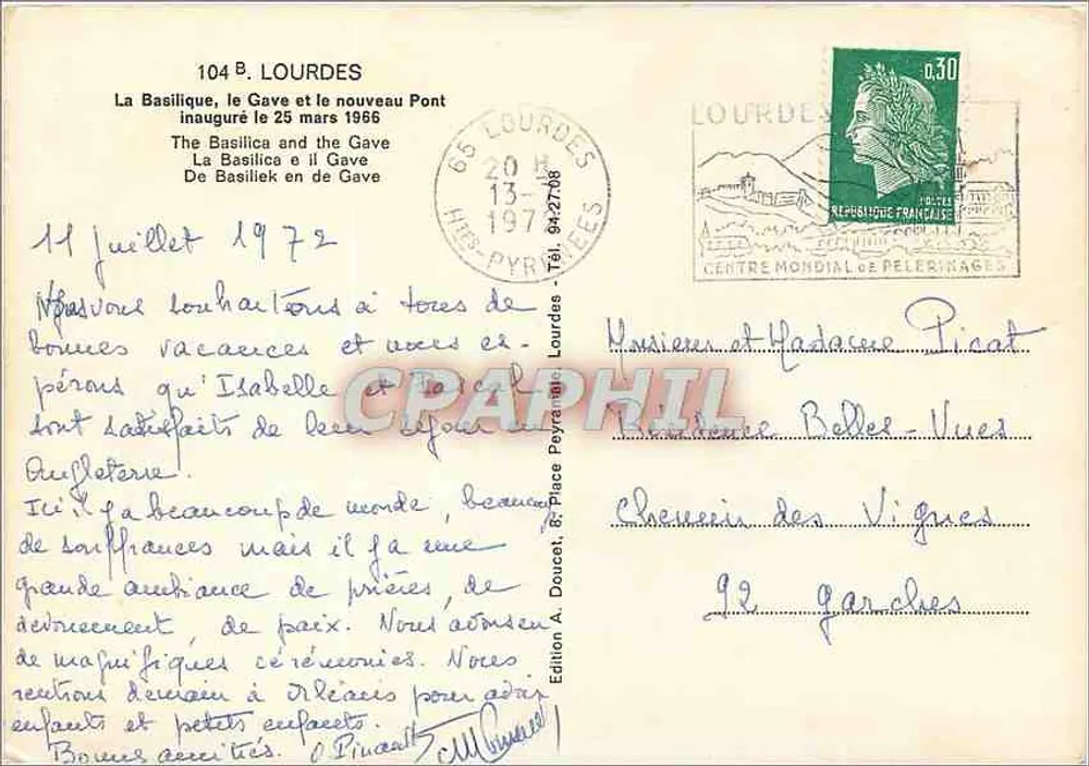 Lourdes — Basilika und der Gave — Ausgabe A. Doucet - Rückseite