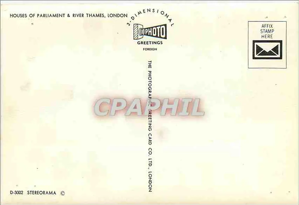 Häuser des Parlaments & Themse, London — 3D Fotografische Grußkarte — D-3002 - Rückseite