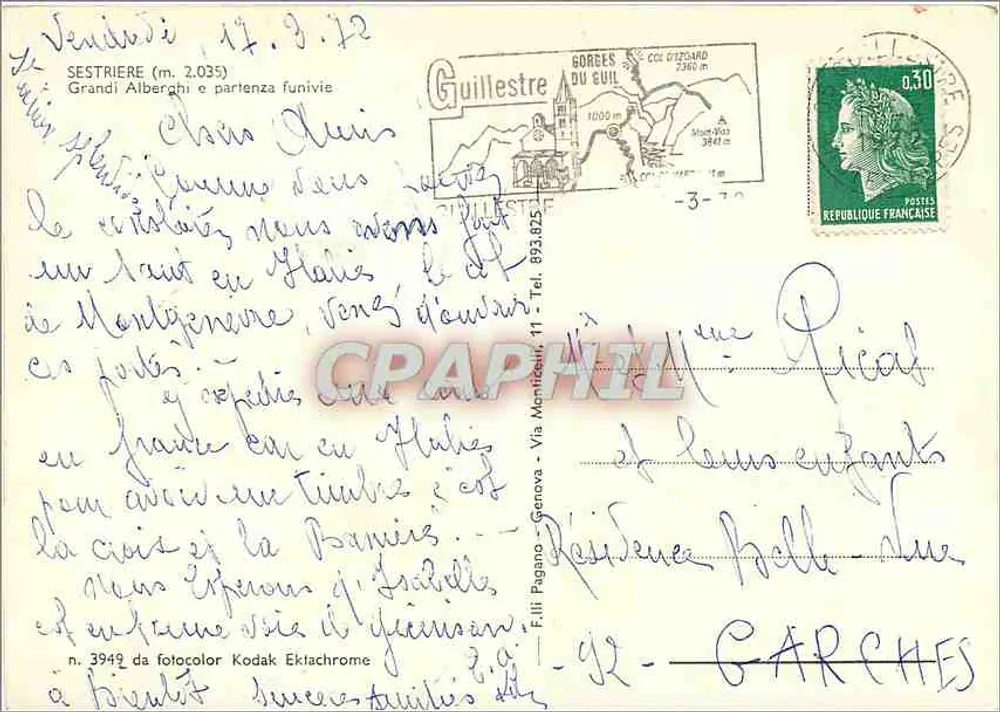 Sestriere — Skistation mit Seilbahn und Hotels — Verlag Filippi Pagano - Genua, n° 3949 - Rückseite